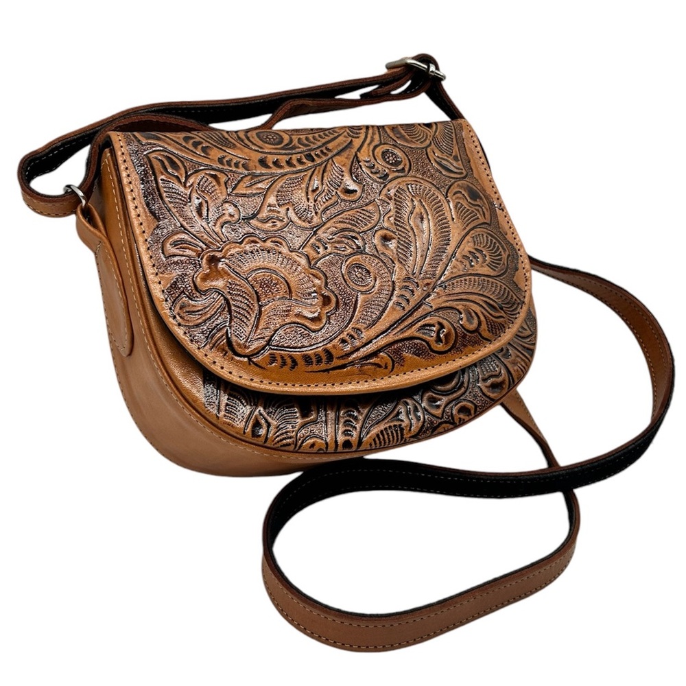 Women’s Hand Made Tooled Floral Yellow Light Brown Leather Crossbody Bag
